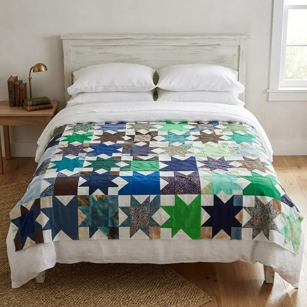Vintage 70s Mixed Calico Star Patchwork Unfinished Quilt Top - 69